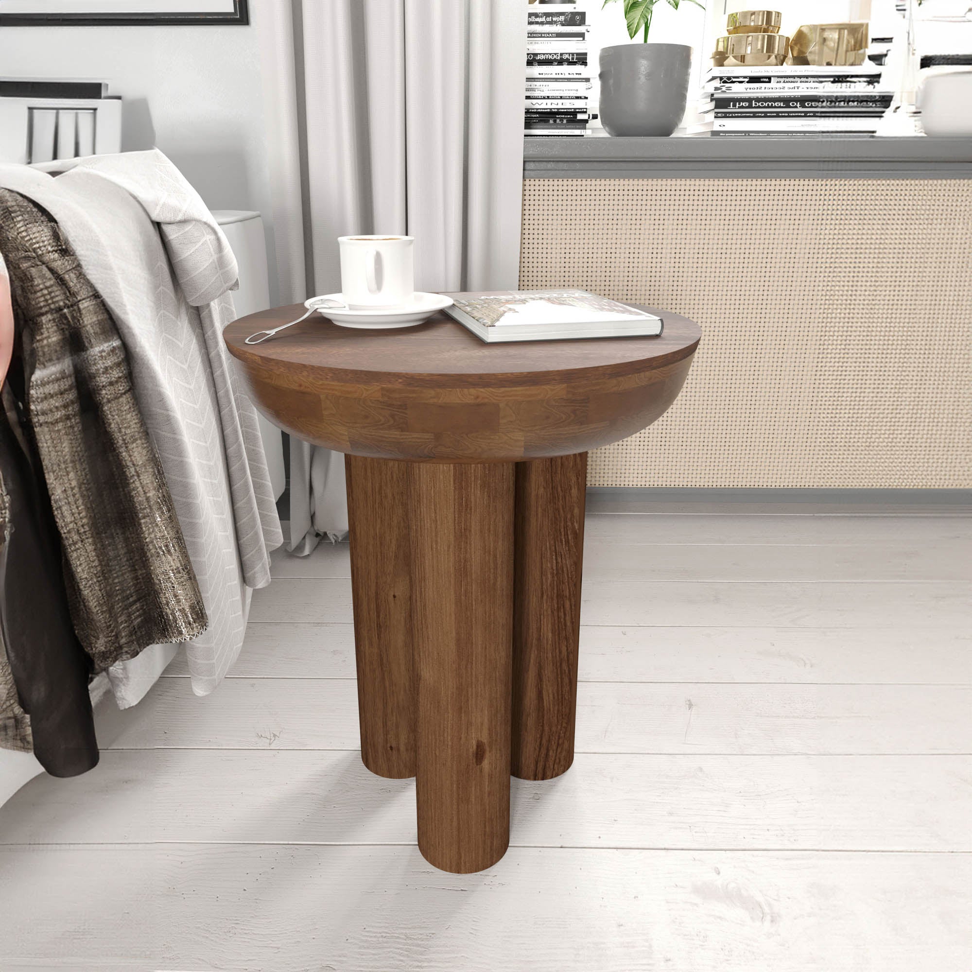 木製ローテーブル MADE IN MALAYSIA Dakota Brown Oak Wood Half Moon Side Tables Nest with Travertine Top
