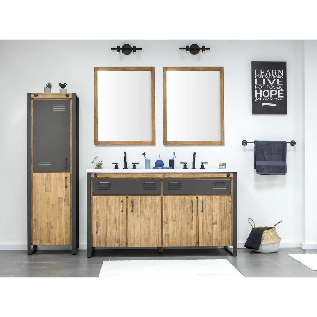 Irondale Vanity W61 in Solid Acacia Wood and Metal with White Basin