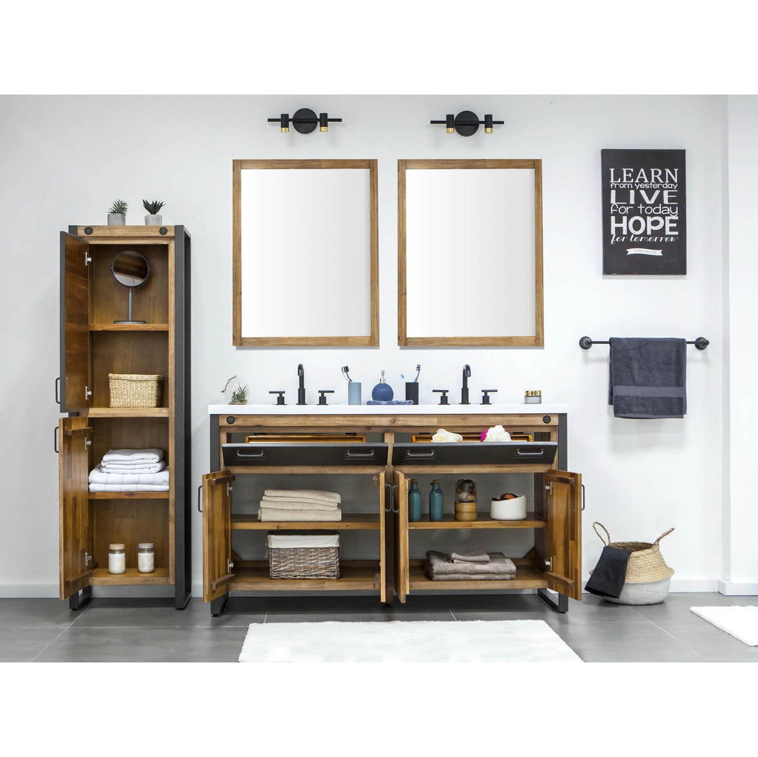 Irondale Vanity W61 in Solid Acacia Wood and Metal with White Basin