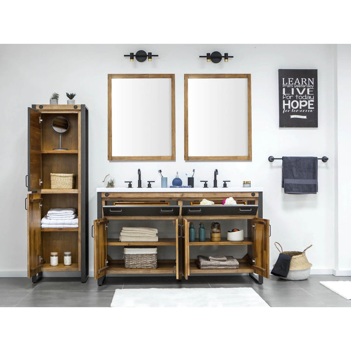 Irondale Vanity W61 in Solid Acacia Wood and Metal with White Basin
