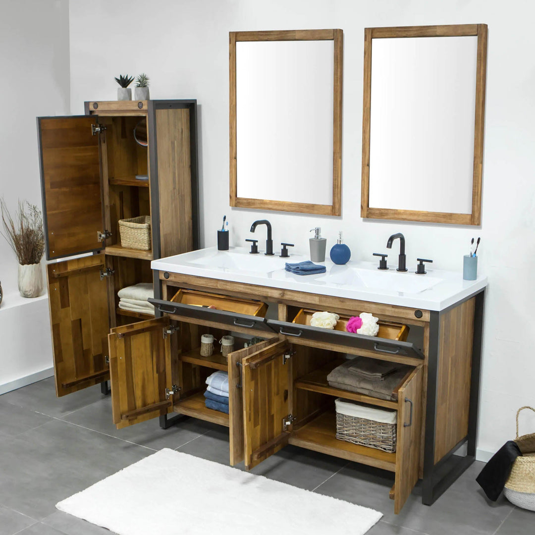 Irondale Vanity W61 in Solid Acacia Wood and Metal with White Basin
