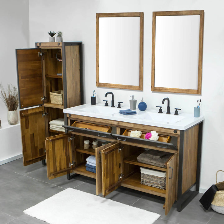 Irondale Vanity W61 in Solid Acacia Wood and Metal with White Basin