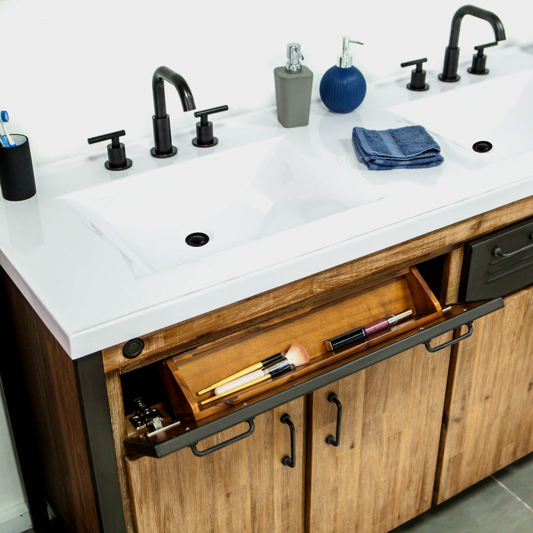 Irondale Vanity W61 in Solid Acacia Wood and Metal with White Basin