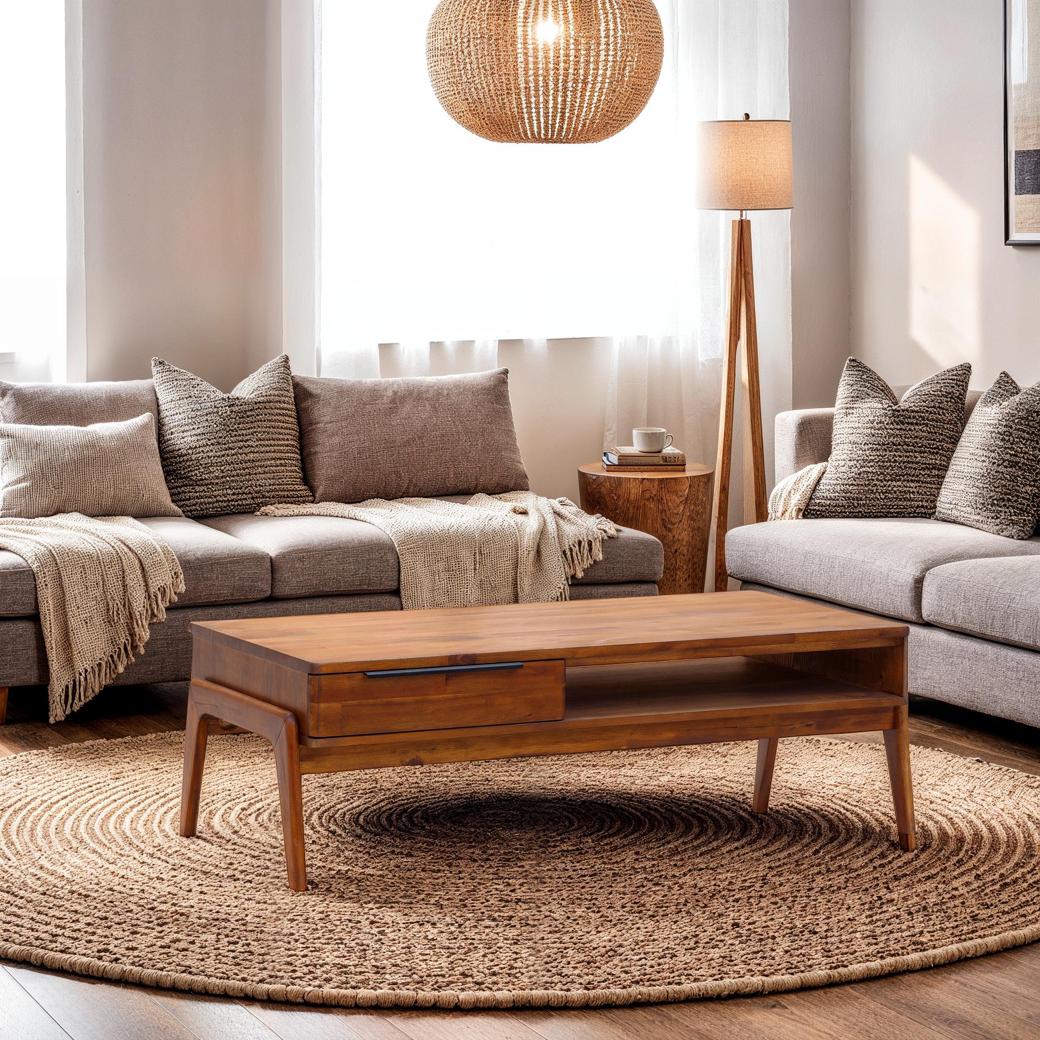 Remix Coffee Table styled in a warm living room between two grey sofas on a jute rug, showing the drawer front and open lower shelf