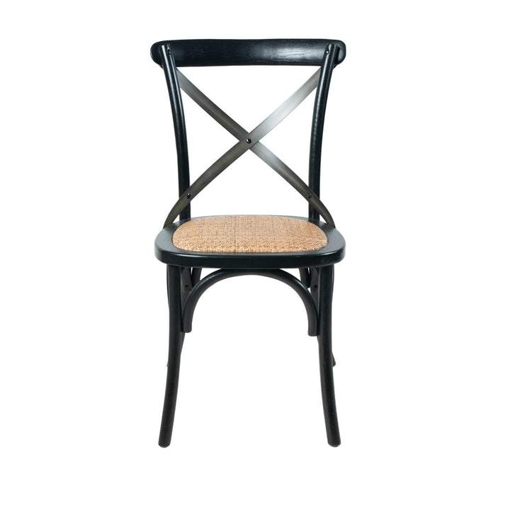 Cross Back Chair w/ Natural Brown Rattan Seat - Black