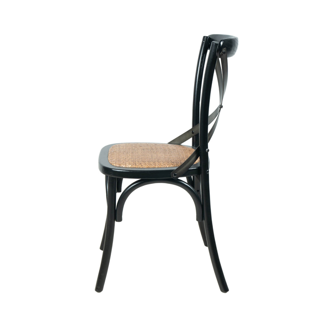 Cross Back Chair w/ Natural Brown Rattan Seat - Black