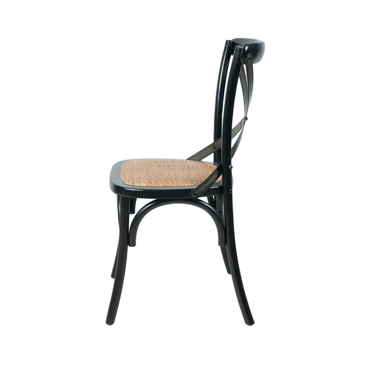 Cross Back Chair w/ Natural Brown Rattan Seat - Black