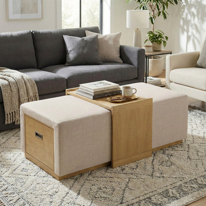 Elara Storage Ottoman - Barley Chenille