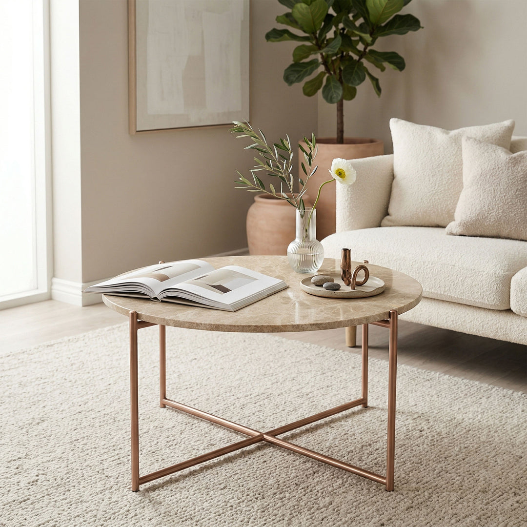 Venice Round Coffee Table - Brown Marble + Brushed Brass