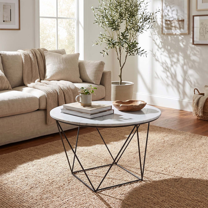 Valencia Round Side Table - Grey Marble Top and Black Matte Base (2 Screws/Suction Cups)
